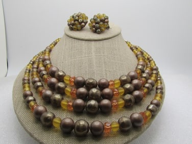 Vintage Four Strand Necklace, Bracelet, Clip Earrings, Japan, 1950's, 16"