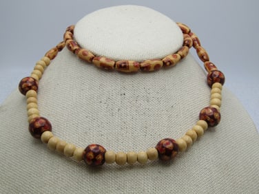 Vintage Painted Lacquered Wood Beaded Necklace, 26", Unisex, 1970's-1980's