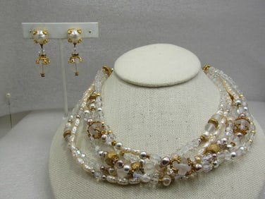 Vintage Liz Claiborne Faux Pearl, Gold Beaded Necklace & Earrings Set, Multi-Strand, 1980's
