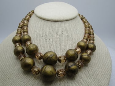 Vintage Gold/Black/Blush Beaded Necklace Double Strand, Mid-Century, 17"