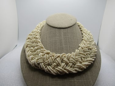 Vintage Braided White Seed Bead Necklace, 18", 1980's, 1.5" Wide