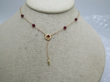 Vintage 14kt Garnet Lavalier Necklace, 19", Signed PBD, Peter Brams Designs