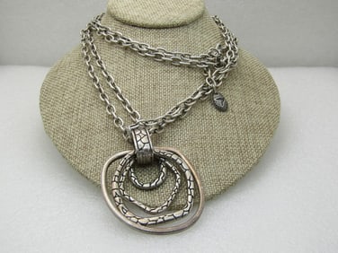 Double Strand Chunky Intertwined Hoop Necklace, 34", Silver Tone, Signed Treat NL