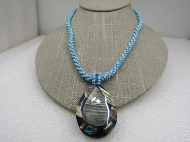Vintage Southwestern Turquoise Blue Beaded & Inlaid Ablone Necklace, 18"