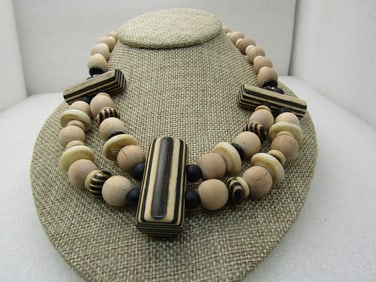 Vintage Tribal Wooden Zebra Beaded Necklace, signed Duplaise, 1960's, 16.5"