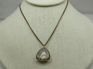 Vintage Reversed Carved Praying Hands Necklace 18", Peacock Aurora Borealis