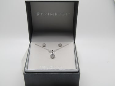 Sterling CZ Necklace and Pierced Earring Set in Box, Primrose