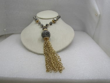 Vintage Hematite Beaded Tassel Necklace, Chunky