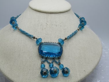 Vintage Aqua Glass Beaded Necklace, Drop/Dangles, A.B., 16", 1930's-1940's.