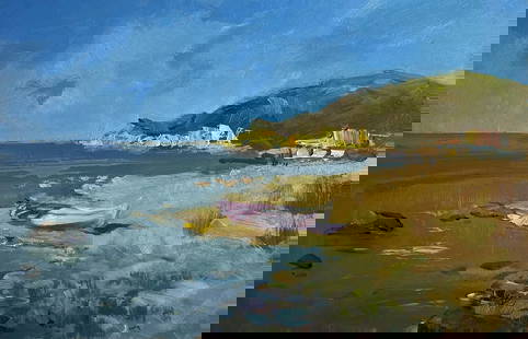 Oil painting Cloudy day at sea Yuriy Suprunchuk: â„–AAA4136 The oil painting on cardboard, titled "Cloudy Day at Sea", captures a serene and contemplative coastal scene where land, sky, and water merge in a delicate balance. The artist employs a