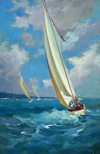 Oil painting Sailing holidays at sea Yuriy Suprunchuk: â„–AAA4137 The oil painting on cardboard, titled "Sailing Holidays at Sea", captures the exhilaration and freedom of navigating the open waters. The artist employs a vibrant palette of blues, whit