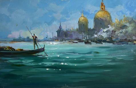 Oil painting Holidays in Venice Yuriy Suprunchuk: â„–AAA4139 The oil painting on cardboard, titled "Holidays in Venice", presents a breathtaking scene of maritime life set against the grandeur of a historic city. The artist masterfully captures t