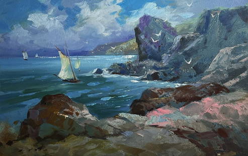 Oil painting Seagulls and rocky shore in the sea Yuriy Suprunchuk: â„–AAA4141 The oil painting on cardboard, titled "Seagulls and Rocky Shore in the Sea", captures the raw beauty of the coastal landscape, where nature reigns in its unbridled majesty. The artist m