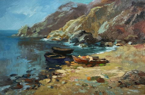 Oil painting Dream of the sea and mountains Yuriy Suprunchuk: â„–AAA4142 The oil painting on cardboard, titled "Dream of the Sea and Mountains", captures a tranquil coastal scene where the land and water meet in perfect harmony. The composition evokes a sens