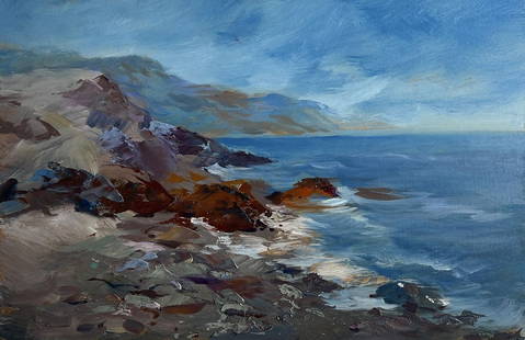 Oil painting Sea waves are beating against the shore Yuriy Suprunchuk: â„–AAA4143 The oil painting on cardboard, titled "Sea Waves Are Beating Against the Shore", captures the raw and untamed beauty of the coastline, where land meets the relentless motion of the sea.