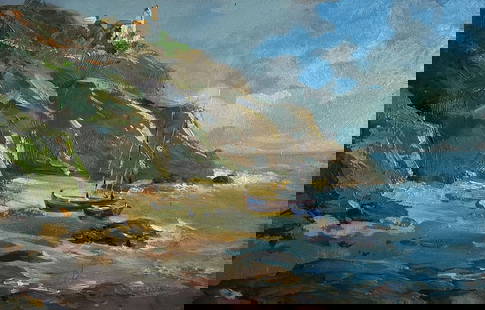 Oil painting Sunny day at sea Yuriy Suprunchuk: â„–AAA4144 The oil painting on cardboard, titled "Sunny Day at Sea", captures a serene coastal scene where land, water, and sky merge into a harmonious composition. The artist skillfully conveys t