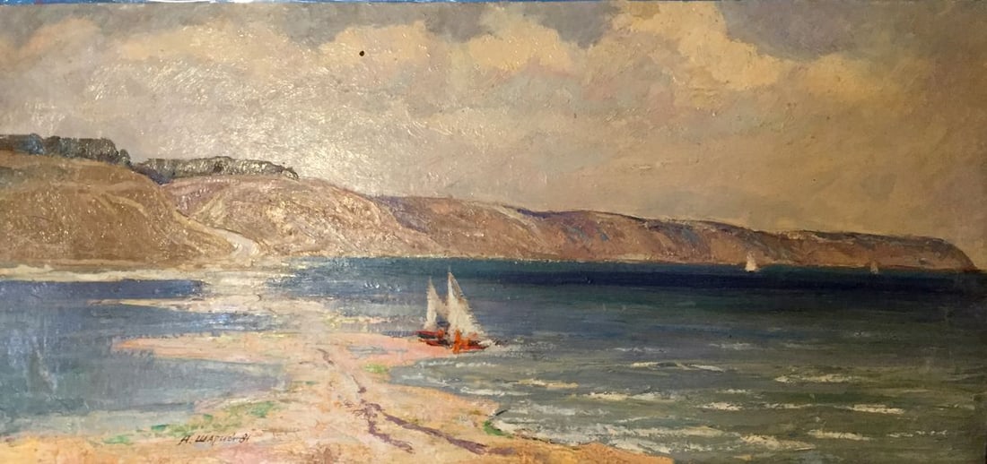 Oil painting Ship at the sea Shary Anatoly Ivanovich: №GS 66 *** ABOUT THIS PAINTING *** * TITLE: "Ship at the sea" * ARTISTS: Shary Anatoly Ivanovich * SIZE: 28x60cm/'11,02x23,62 inches' * MEDIUM: oil, cardboard * HAND PAINTED: Original painting f