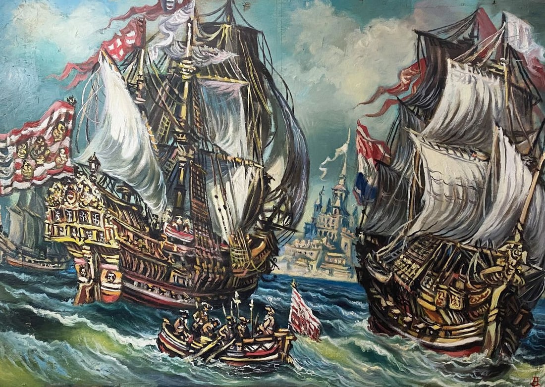 Oil painting 18th century ships Alexander Arkadievich Litvinov: №Litv 155 *** ABOUT THIS PAINTING *** * TITLE: "18th century ships" * ARTISTS: Alexander Arkadievich Litvinov * SIZE: 69x49 cm/'27.16x19.29 inches' * MEDIUM: oil, plywood * HAND PAINTED: Origina