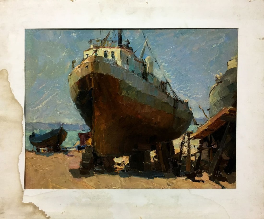 Oil painting Ship in port Osipov Alexander Yakovlevich: №Vern 342 *** ABOUT THIS PAINTING *** * TITLE: "Ship in port" * ARTISTS: Osipov Alexander Yakovlevich * SIZE: 60x73 cm/'23.62x28.74 inches' * MEDIUM: oil, cardboard * HAND PAINTED: Original pain