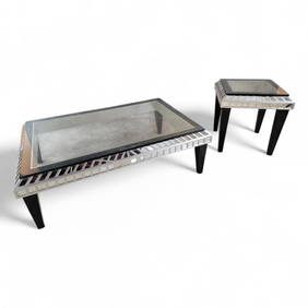 Vintage Modern Ebonized Wood and Silver with Mirrored Trim Glass Top Coffee Table Set (1 of 9)