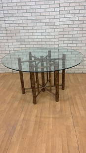 Vintage Organic Modern Bamboo and Leather with Glass Top Hexagonal Dining Table by McGuire: Vintage from before 2000 Materials: Glass, wood Width: 54 inches Height: 28.5 inches Depth: 54 inches Shipping is NOT $1, please contact us to get a shipping quote. Vintage Organic Modern Bamboo and L