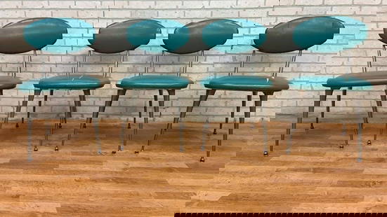 Mid Century Modern Shelby Williams Aluminum Teal Gazelle Side Chairs - Set of 4: Vintage from the 1950s Materials: Vinyl, Metal, Aluminum Overall width: 17.5 inches Overall height: 32 inches Overall depth: 16 inches Seat height: 17 inches Mid Century Modern Shelby Williams Aluminu