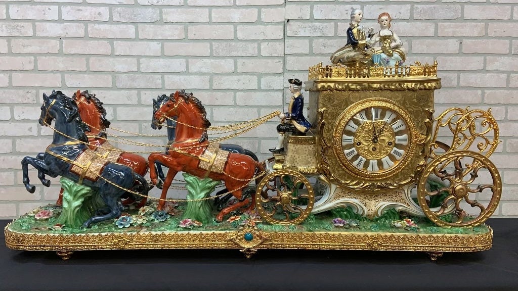 Antique Franz Hermle German Movement Monumental Capodimonte Style Mantel Clock/Centerpiece: Vintage from before 2000 Materials: porcelain, glass, metal Antique Franz Hermle German Movement Monumental Capodimonte Style Vienna Porcelain Sculpted Mantel Clock/Centerpiece Large palace size monum