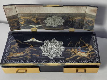 Vintage Asian Jewelry Music Box Black Lacquered Oriental Hand Painted "Swan Lake" Ballerina (1 of 10)
