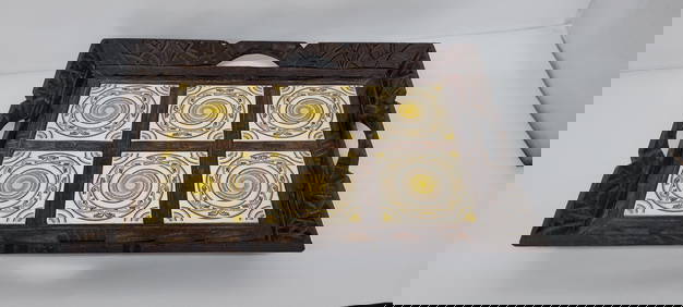 Vintage 6 Piece Tile Hand Carved Wood Talavera Tray yellow brown Mexican Folk Art (1 of 8)