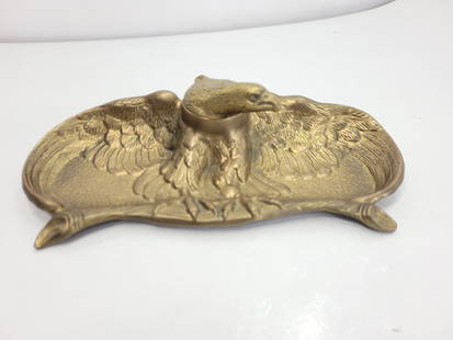 Neoclassical Brass Eagle Inkwell Office Desk Accessories Vintage Home Decor: Vintage from the 1960s Materials: Medium: Brass Width: 9 inches Height: 2 inches Depth: 5 inches Vintage Brass inkwell ,office decor, 5x9" inkwell, American patriotic eagle on branch, desk accessories