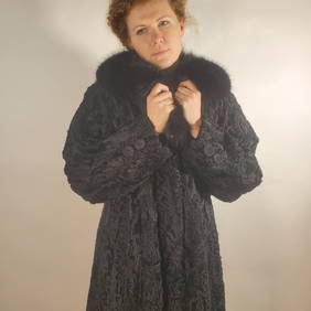 BLACK PERSIAN LAMB FUR COAT, FOX COLLAR EU: 2XL; US: 24 (1 of 9)