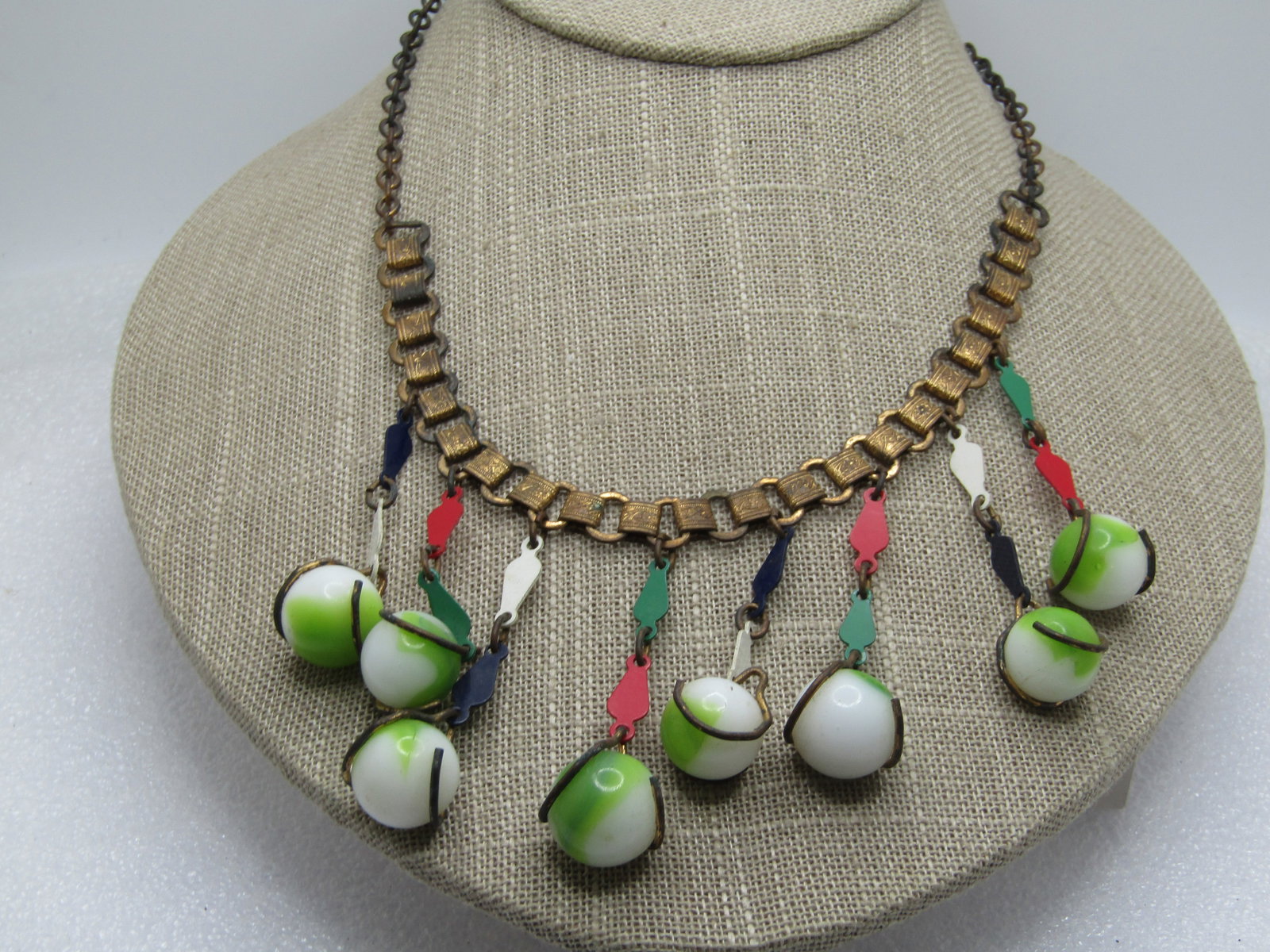 Antique Green Wrapped Marble Drop Necklace, 1920's, 16" (1 of 6)