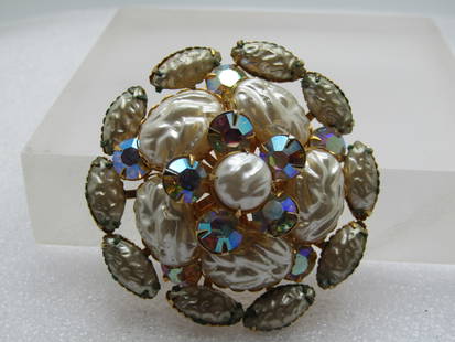 Vintage Faux Baroque Pearl Tiered Brooch, AB Rhinestones, 1940's,: Vintage Faux Baroque Pearl Tiered Brooch, AB Rhinestones, 1940's, appx. 2.25" across. This has four tieres with marquise shaped faux dimpled baroque pearls on the bottom and larger ovals on the next t