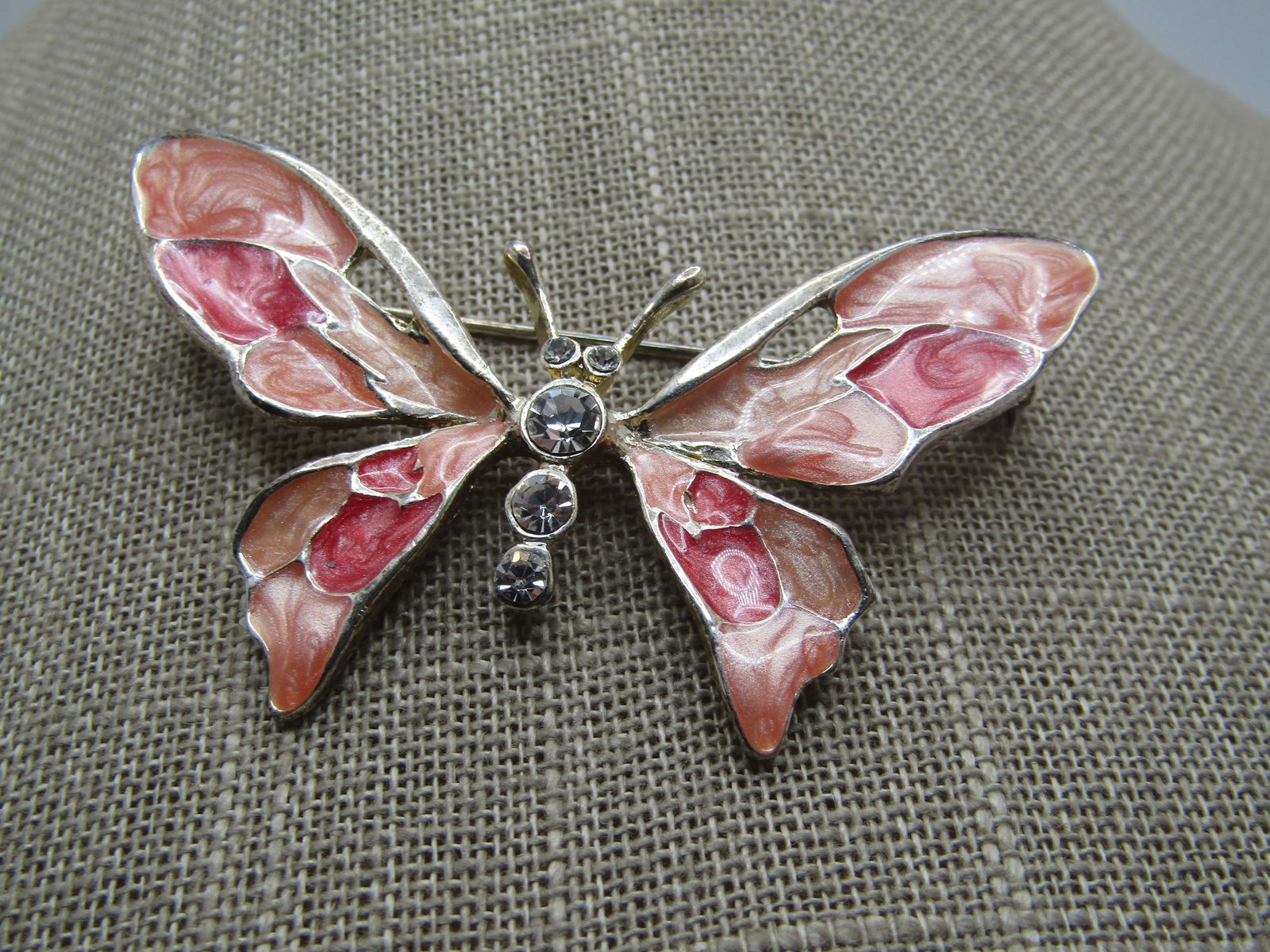 Vintage Pearly Pink Butterfly Brooch, Rhinestone Torso, 1980's (1 of 5)