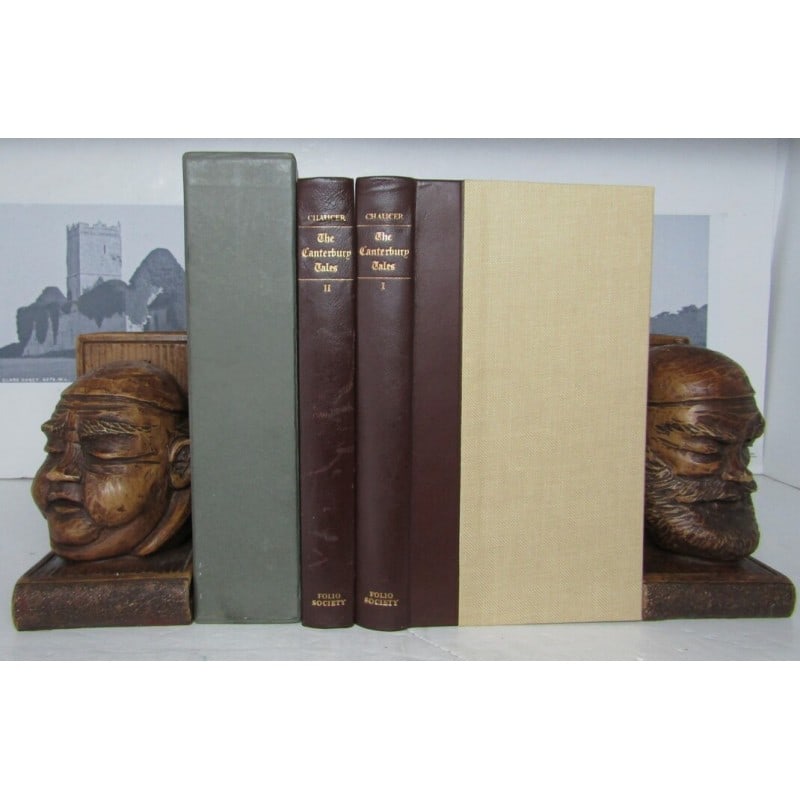 The Canterbury Tales - 2 volumes: First edition thus, fourth impression. In slipcase. Translated in modern English by Nevill Coghill. Woodscuts by Edna Whyte. Quarter-leather over cream cloth with gilt title to spine. Colour top page-