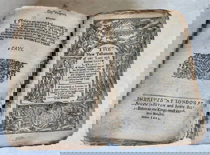 1634 BIBLE in ENGLISH antique New Testament LONDON BARKER & assigns of JOHN BILL: THE NEW TESTAMENT London: Robert Barker & assigns of John Bill; 1634 Original calf, worn, lacking clasps. Spine with raised bands. Missing piece at the bottom of the spine. Cover is almost detached fr