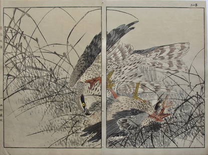Imao Keinen: Falcon and Prey: Artist: Imao KEINEN (1845-1923) Subject: Falcon and Prey Series: Keinen gafu (Keinen's Bird and Flower Pictures) Publisher: Nishimura Sozaemon Signature: Keinen Date: 1891 Format: ôban diptych, 4