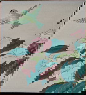 Tokuriki: Camilia and Bird: Artist: Tomikichirô TOKURIKI (1902-1999) Subject: Camelia and Bird Signature: Tomi, Tomikichirô hand signed with brush on back Date: 1950s Format: shikishiban on board, 24 x 27 Condition: Fi