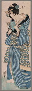 Ikeda EISEN (1790-1848): Courtesan with 'ehon' (illustrated book): Artist: Ikeda EISEN (1790-1848) Title: Courtesan with 'ehon' (illustrated book) Date: 1830s Medium: Woodblock print Size/Format: vertical oban diptych (c. 28 3/8" x 9 1/2"; two sheets) Condition: Very