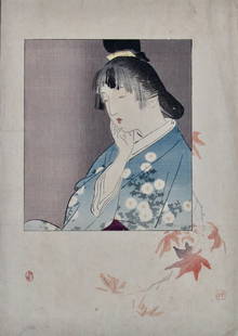 Kajita Hanko: Girl and Red Maple Leaves: Artist: Kajita HANKO Subject: Girl and Red Maple Leaves Publisher: Bungei Kurabu Seal: Hanko Date: 1900-1910 Format: kuchi-e, 22.4 x 31.8 cm Condition: Fine impression, color and condition Reserve: $8