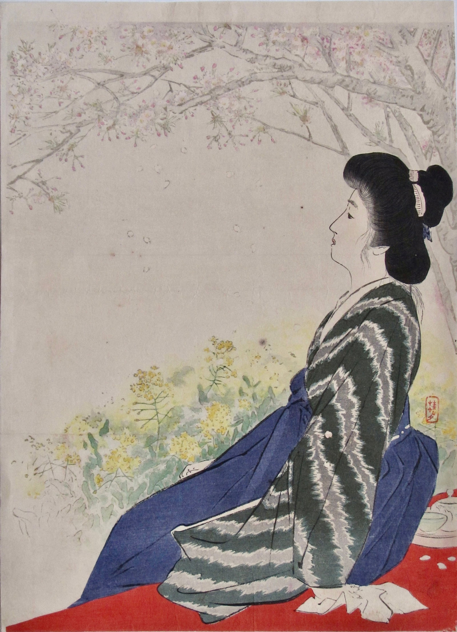 Keishu: Beauty in a Garden: Artist: Takeuchi KEISHU Subject: Beauty Sitting in a Garden Story: Hanagumori (Hazy Weather in Spring) Publisher: Bungei Kurabu Seal: Keishû Date: 1905 Format: kuchi-e, 22 x 30.7 cm Condition: Fi