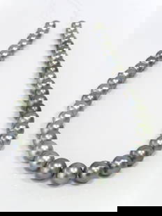 8-11mm Round Silver Tahitian Pearl Necklace Strand: Title: 8-11mm Round Silver Tahitian Pearl Necklace Strand Description: A-AA Grade High luster Round, with some spots/blemishes, 41 pearl pieces, 18 inches long hand-knotted with 14k white-gold fish-ho