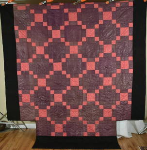 RARE 1790's Linsey-Woolsey Quilt: This VERY RARE cotton and wool 1770's - 1790's pieced, glazed linsey-woolsey nine patch quilt is all hand pieced and hand quilted, with cutouts in two corners for a poster bed. It measures 92" X 98" a