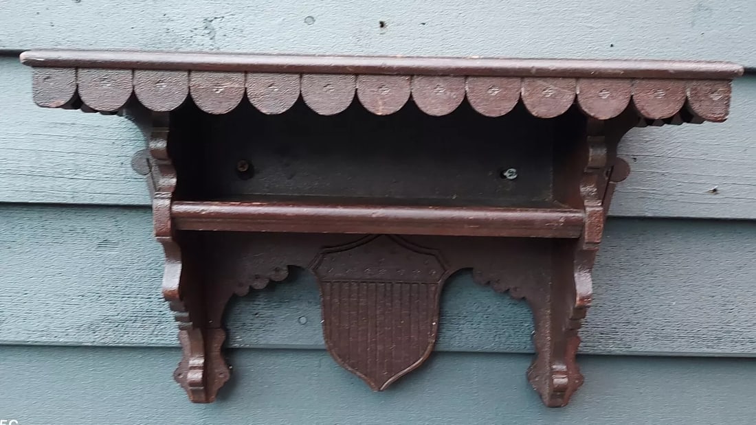 Amazing 19th century Wood shelf patriotic federal shield 1876: Great looking piece in excellent condition. Hard to find pieces with patriotic theme. Great original finish. Repair hard to see. Measures 16 x 6 x 10" Shipping charges include insurance. Shipping: Dom