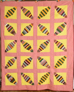 1870's PA "Lanterns" Quilt: This GORGEOUS cotton 1870's lanterns quilt is all hand pieced and hand quilted, with a yellow background and cinnamon pink sashing. It measures 70" X 88" and is in mint, never washed condition, with a