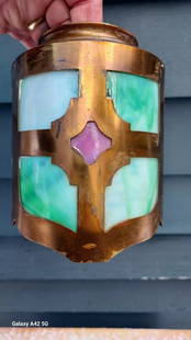 1920 Stained glass and copper porch shade: Great looking piece in excellent condition. Dates to 1920. 6 " tall. 5" in diameter . 3 1/4 fitter. I have a fitter but no wiring. Shipping charges include insurance. Shipping: Domestic: Flat-rate of