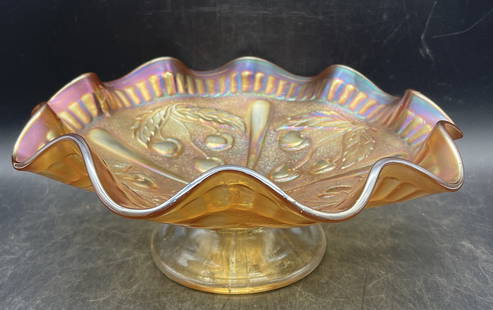 DUGAN WEEPING CHERRIES BOWL MARIGOLD Carnival Glass: Title: DUGAN WEEPING CHERRIES BOWL MARIGOLD Carnival Glass Date/Period: unknown Dimension: approx. 8.5 x 3.5 Material: glass Additional Information: Dugan Weeping cherries dome footed ruffled bowl in