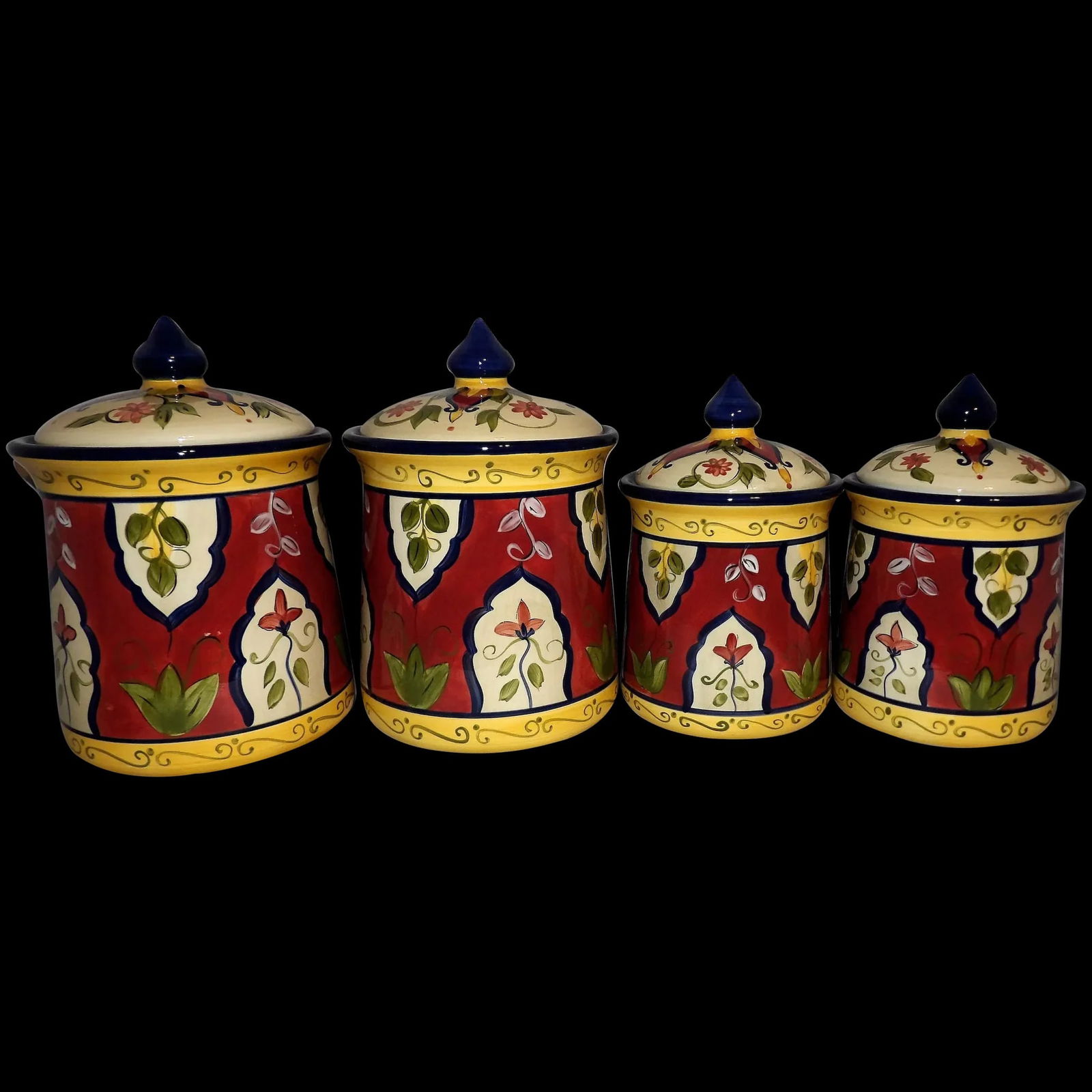 Pier One Vallarta Canisters: This Pier One Vallarta Canisters Comes with 2 medium, 2 small canisters. The canisters only came in two sizes. One 9” tall and the other 7 ¾” tall. Each item is in near MINT condition