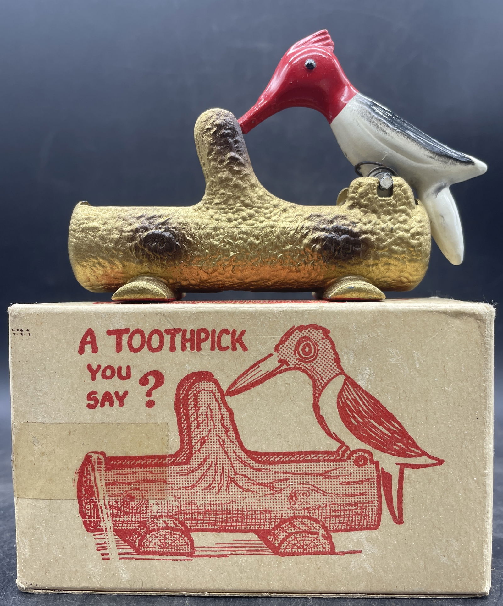 Die Cast Brass Metal Woodpecker Toothpick Match Holder Dispenser w/ Box (1 of 8)