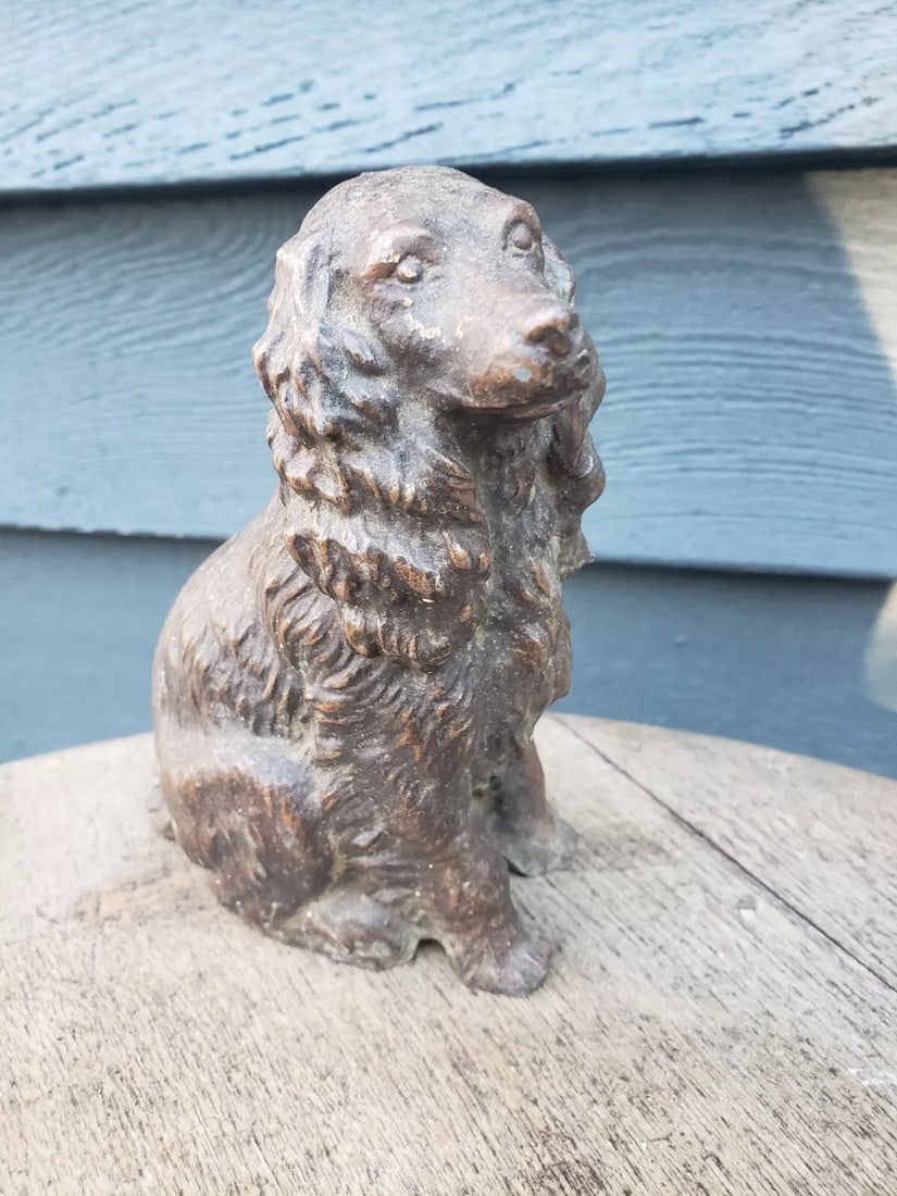 Antique Springer Spaniel metal figurine 5": Great looking piece very good condition. dates to 1950. White metal. Alloy of lead and zinc. Crack on bottom .Measures 5" tall. Shipping charges include insurance. Shipping: Domestic: Flat-rate of $12